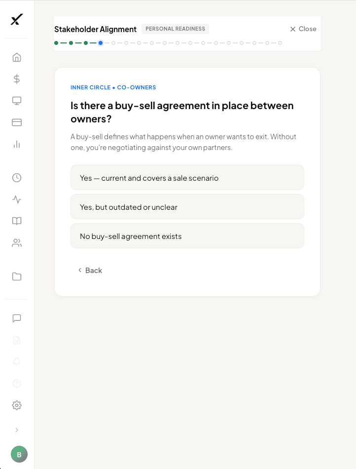 Guided playbook with branching questions for stakeholder alignment